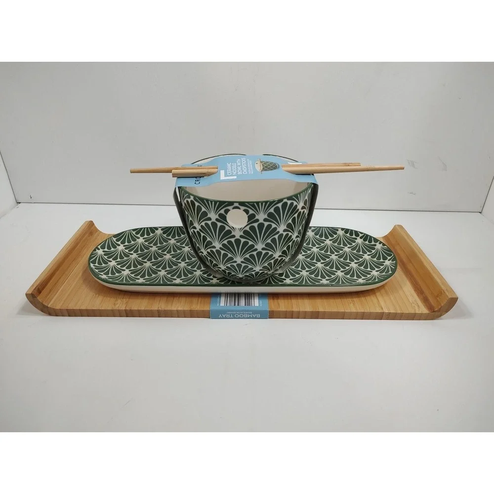 Crofton Stoneware Large Noodle Bowl With Chopstick Holders+Tray+Bamboo Tray.